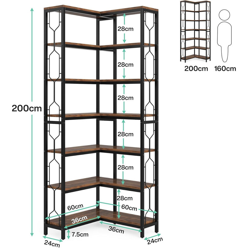 Bibliothèque d'angle à 7 niveaux avec étagère en bois et métal