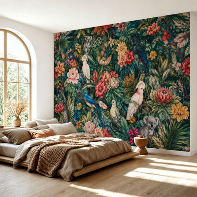 Wall Mural Peel and Stick Wallpaper Vibrant Tropical Wildlife Colorful Flowers Self-Adhesive Removable Contact Paper Wall Decor for Living Room Bedroom 69"H x 96"W