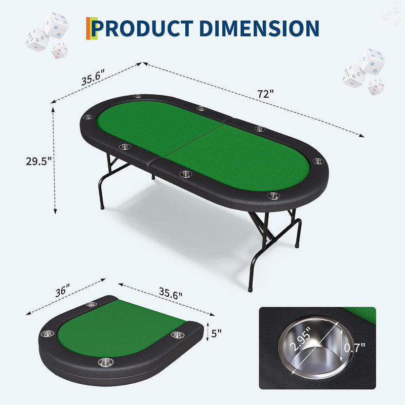 8 Player Oval Poker Table Foldable, 72" Game Table with Padded Rails, Cup Holders & Storage Bag, Green/Black