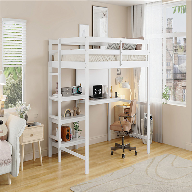 Lit mezzanine simple en bois avec tablettes, bureau et tableau d'écriture - Blanc, White