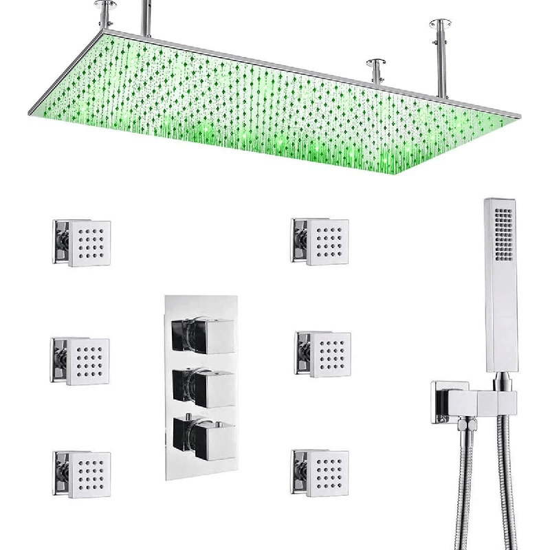 Ensemble robinet de douche thermostatique en nickel brossé de 16 po x 32 po avec pommeau de douche à effet pluie et système de massage à DEL
