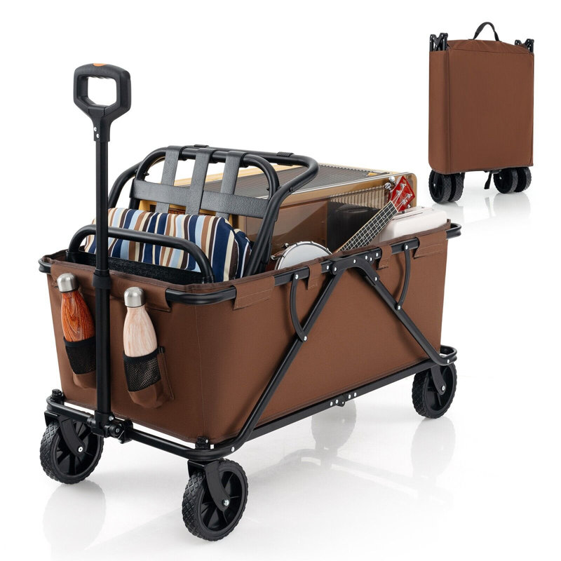 Collapsible Foldable Wagon Heavy-Duty Wagon Cart W/ Adjustable Handlebar, Brown