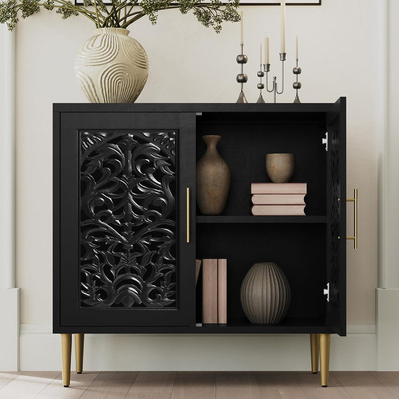 Black Hollow Carved 2-Door Vintage Accent Cabinet