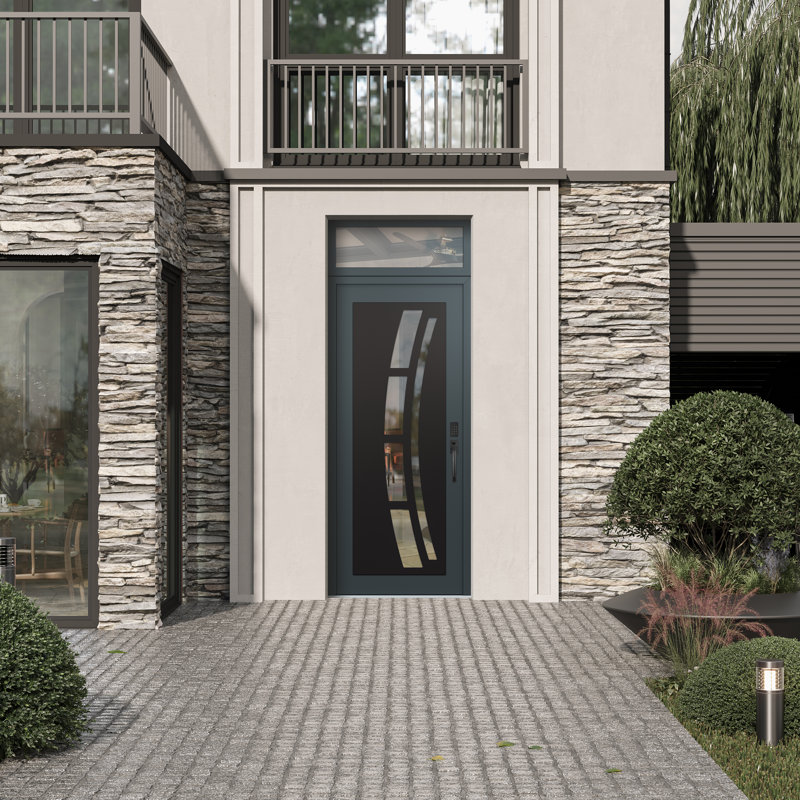C12 à gauche 36 po X 96 po Panneau d'entrée en verre noir anthracite et anthracite à panneau avec porte d'entrée avant en verre transparent