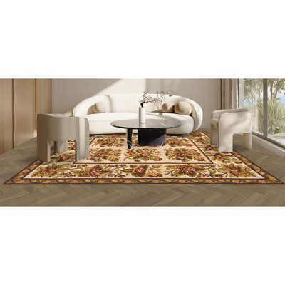 Tapis floral en laine noué à la main rose / brun / vert