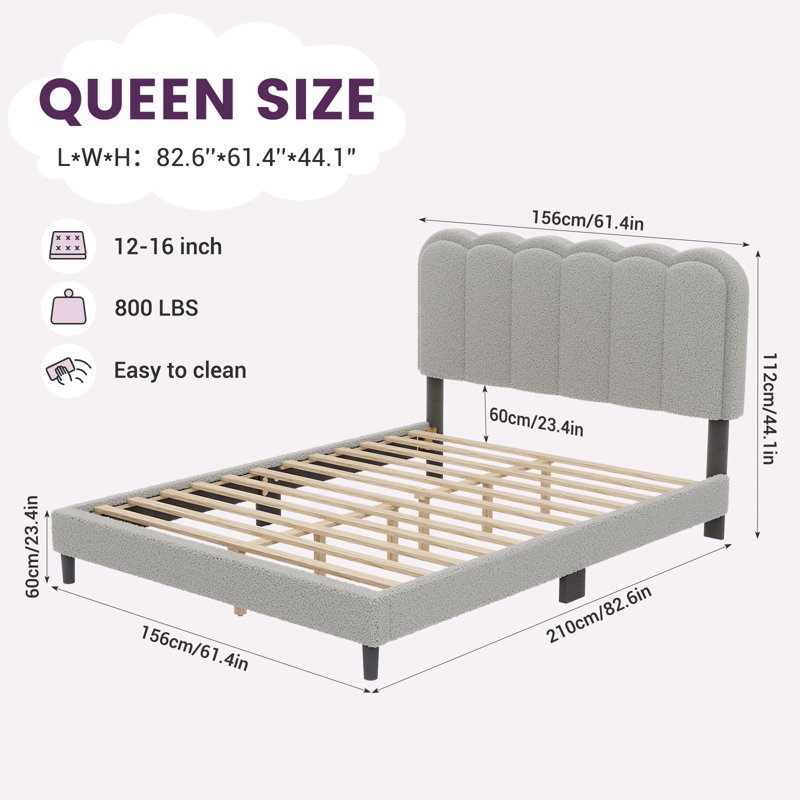 QUEEN-Boucle Upholstered Solid Wood Bed Frame Soft Rounded Corners Headboard Low Profile Bed Frame with RGB LED Lights（No Mattress Included）