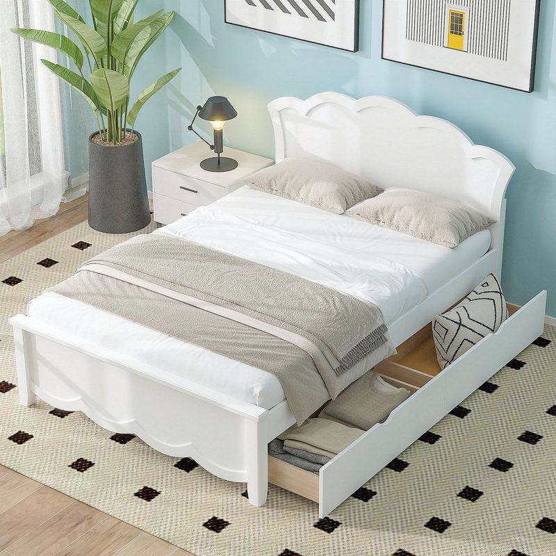 Twin Size Wood Platform Bed with Headboard and Two Drawers, White, Twin