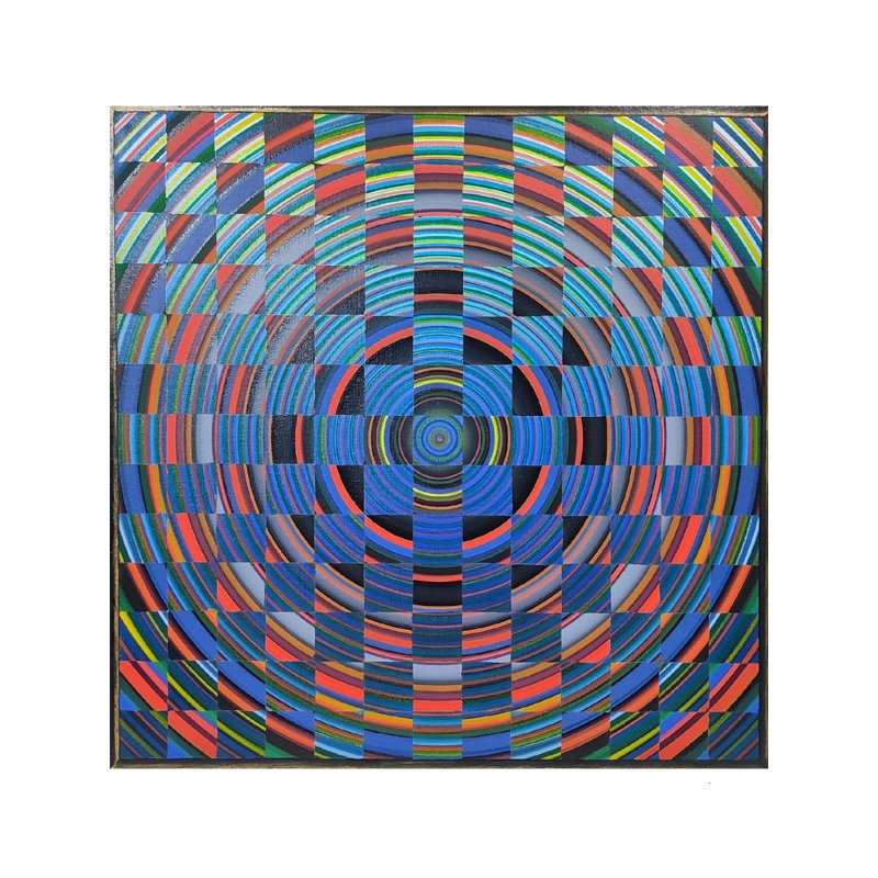 Art abstrait coloré en damier circulaire par Ghanshyam Gupta - 27 po x 27 po, peinture acrylique contemporaine pour décoration murale moderne