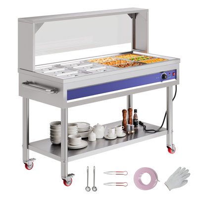 12-Pan 96QT Commercial Food Warmer, 1500W Stainless Steel Steam Table with Top Shelf, Lids, Food Tongs, Undershelf, Wheels, 110V Temp Control for Catering