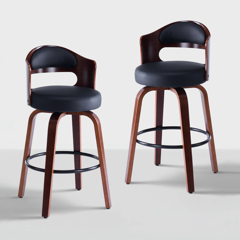 Set of 2 Bar Height Bar Stools, Modern Wood Swivel Bar Chairs with Cushioned Seat, Easy Clean Faux leather Upholstery, Sturdy Kitchen Island & Home Bar Stools, Easy Assembly,Black