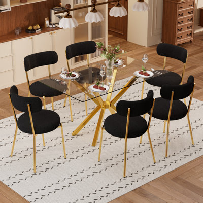Ensemble de table de salle à manger en verre avec chaises en tissu Teddy