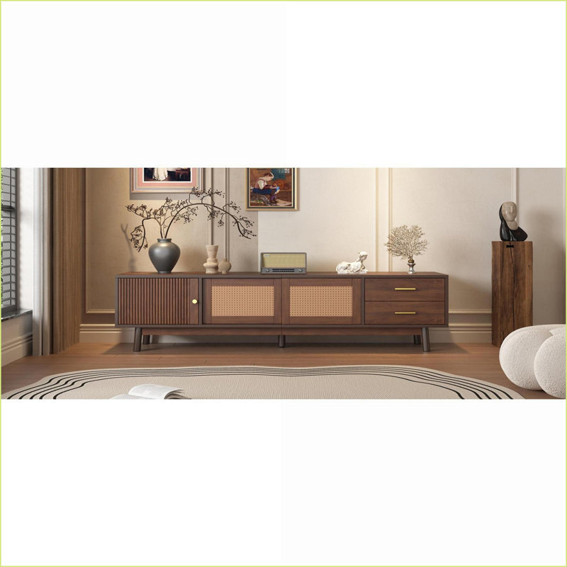 Meuble télé Mid-Century pour téléviseurs de 80 po - Portes coulissantes en rotin et amp; Tiroirs | Brun foncé | Bois massif et panneau de fibres à densité moyenne