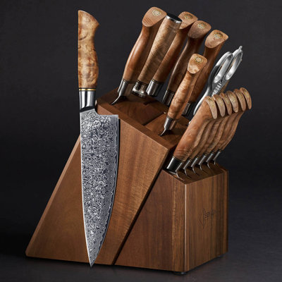 "Dynasty" 16-Piece Japanese Damascus Steel Knife Block Set With Beautiful Sycamore Wood Handles