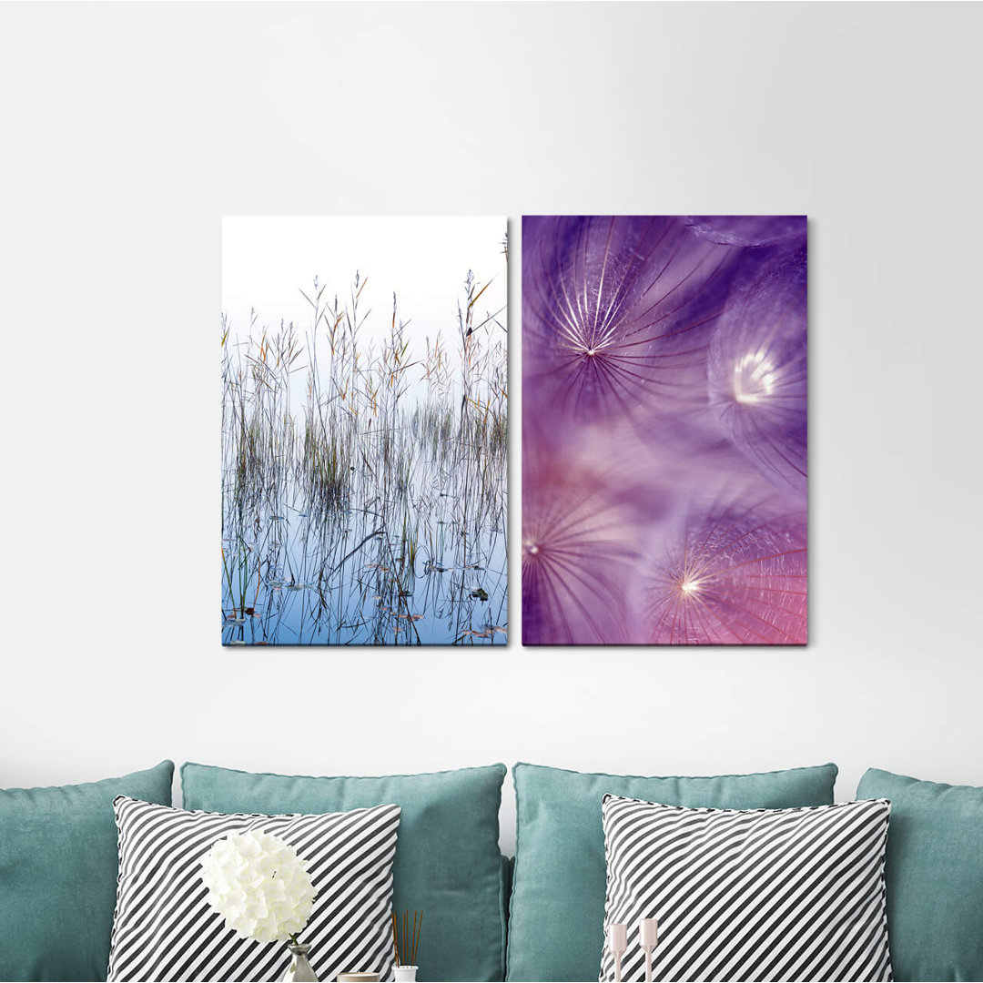 2-tlg. Leinwandbilder-Set - Fotografie „Straws Lake Dandelion Nature Calming Meditating”