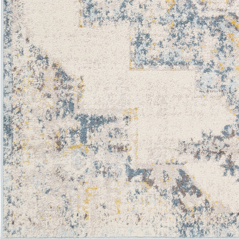 Ice Blue and Mustard Distressed Square Area Rug