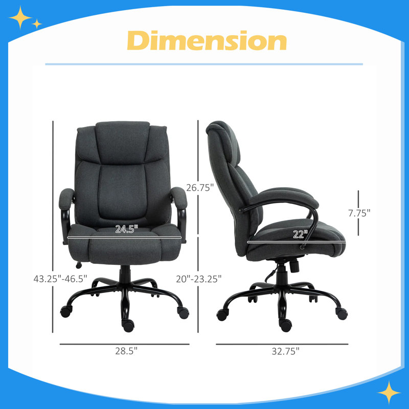 Big and Tall Office Chair, 484lbs Capacity, Wide Seat, Adjustable Height, Linen Fabric, Swivel Wheels