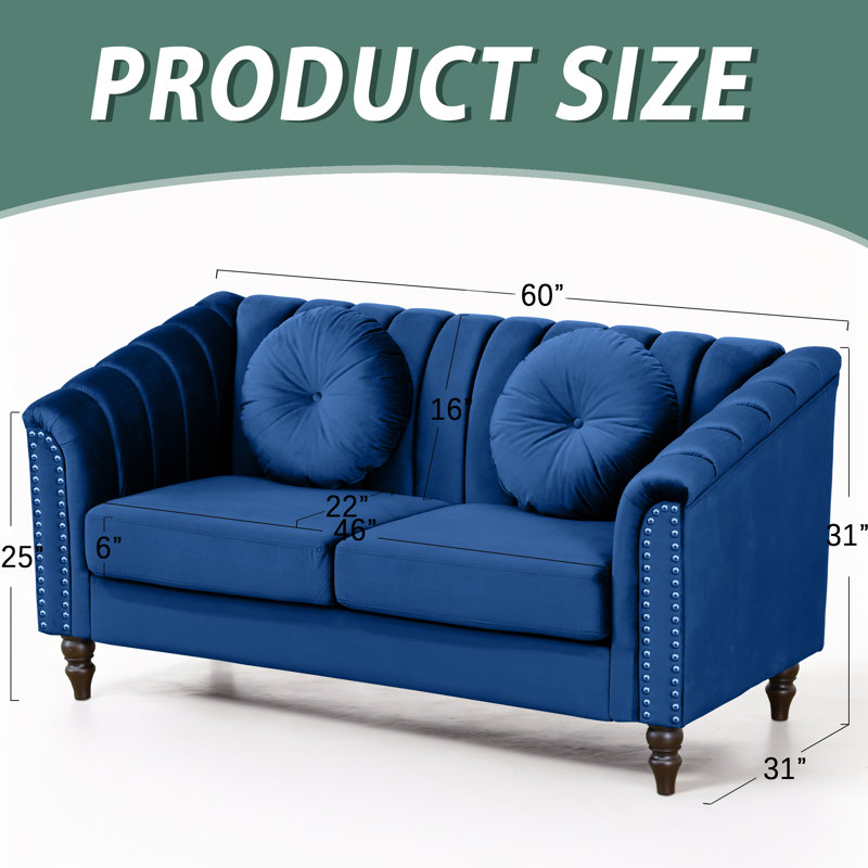 Mikole Upholstered Sofa, 31" H x 60" W x 31" D, Blue Chenille