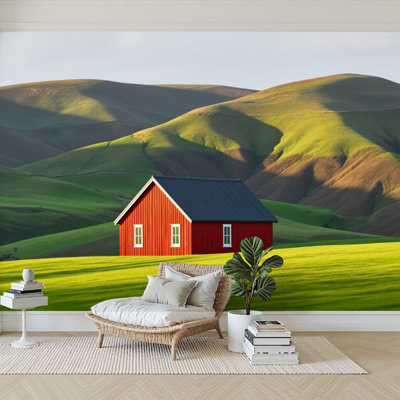 Peel and Stick Wallpaper 144" W x 100" H Modern Self Adhesive Wall Mural for Bedroom Red Barn Wooden Cottage Green Hills Rolling Landscape