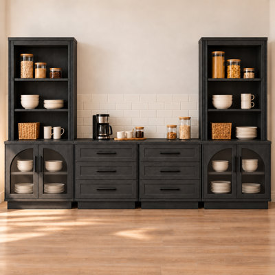 Arden 75.9"H Large Kitchen Pantry Cabinet with 6 Drawers, Arched Glass Doors and Open Shelves