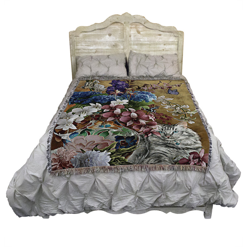 Pure Country Weavers Gilded Cat and Flowers Blanket by Nene Thomas - Gift for Cat Lovers - Tapestry Throw Woven from Cotton - Made in The USA (72x54)