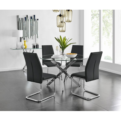 Tierra Modern Chrome Metal & Glass Round Dining Table Set with 4 Upholstered Faux Leather Chairs