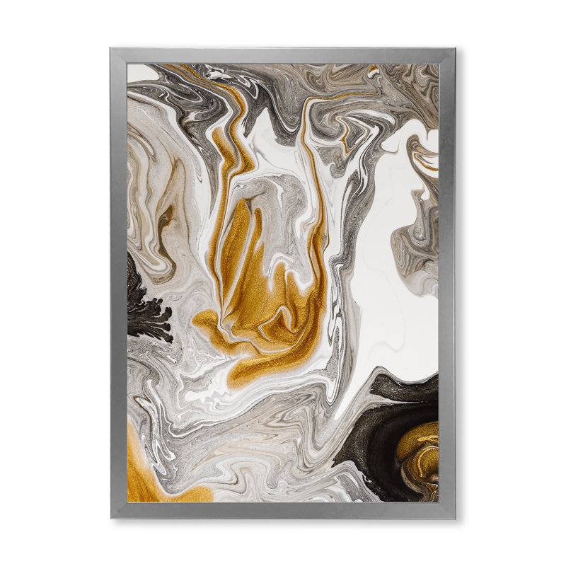 Vague de marbre doré et noir V - peinture sur toile, H 20 po x l 12 po x P 1 po, Cadre photo argenté