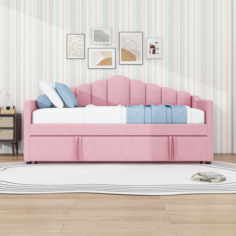 Lit de jour simple rembourré avec couchette, poches latérales et USB, Rose