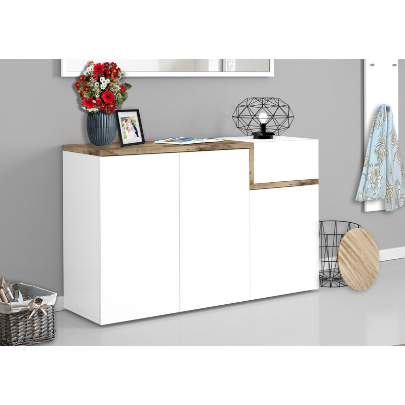Meagher 18 Pair Shoe Storage Cabinet, Glossy White/Maple Pereira