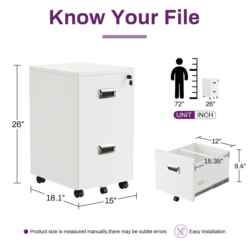Ecobet Metal 2 -Drawer Mobile File Cabinet Office Storage Cabinet with Lock, White