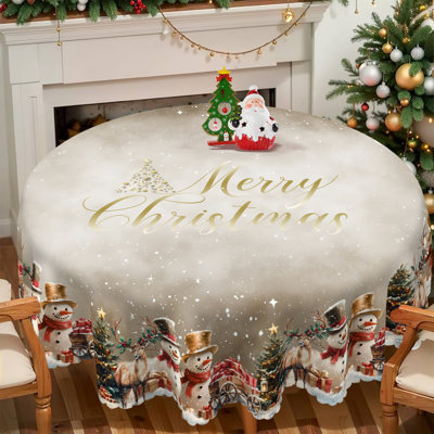 1 nappe ronde / rectangulaire en polyester de 1 pièce, nappe de Noël avec pin, bonhomme de neige, camion, bord embosé, décorations de Noël pour table à manger, décoration de table de fête festive, cadeau de fête