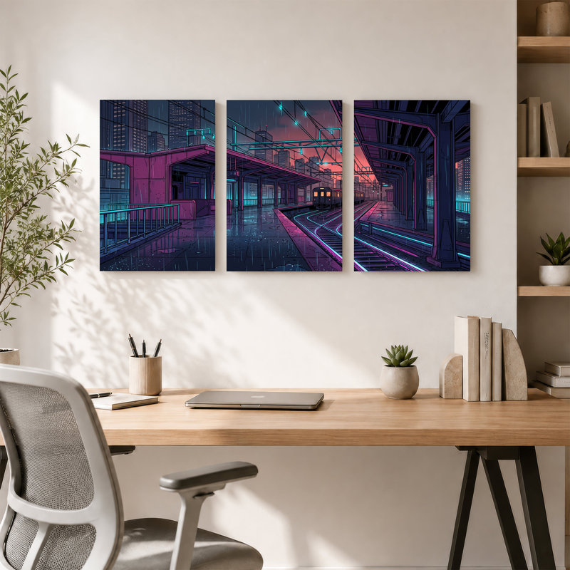 «Rainy Night Train Station», ensemble de 3 toiles sur toile, H 24 po x l 16 po x 3 pièces
