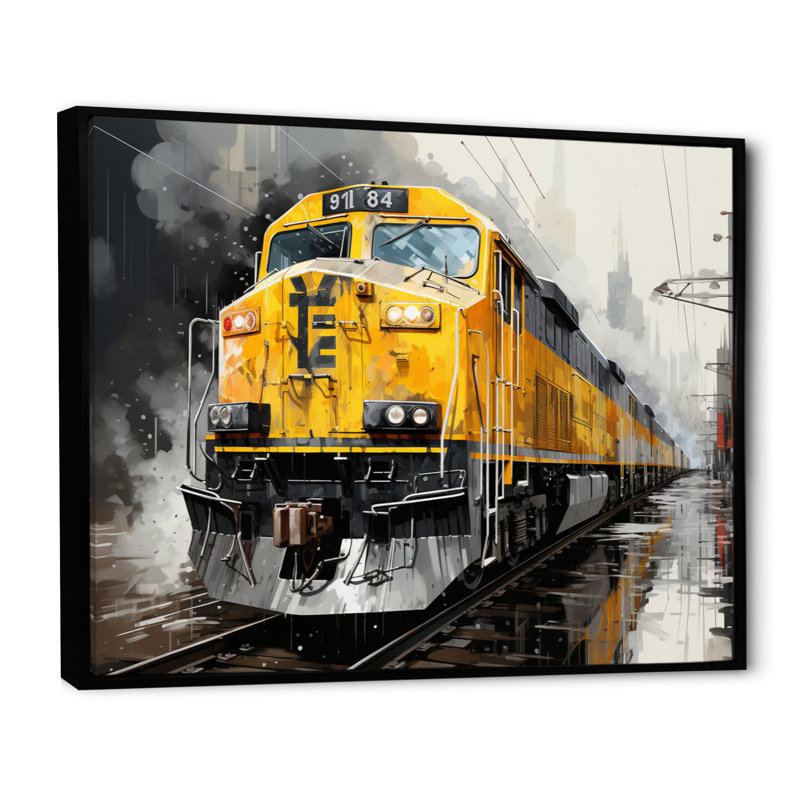 Yellow Grey Train Geometric Momentum Yellow II - Transportation Wall Decor, H 12 po x l 20 po x P 1 po, Cadre flottant noir