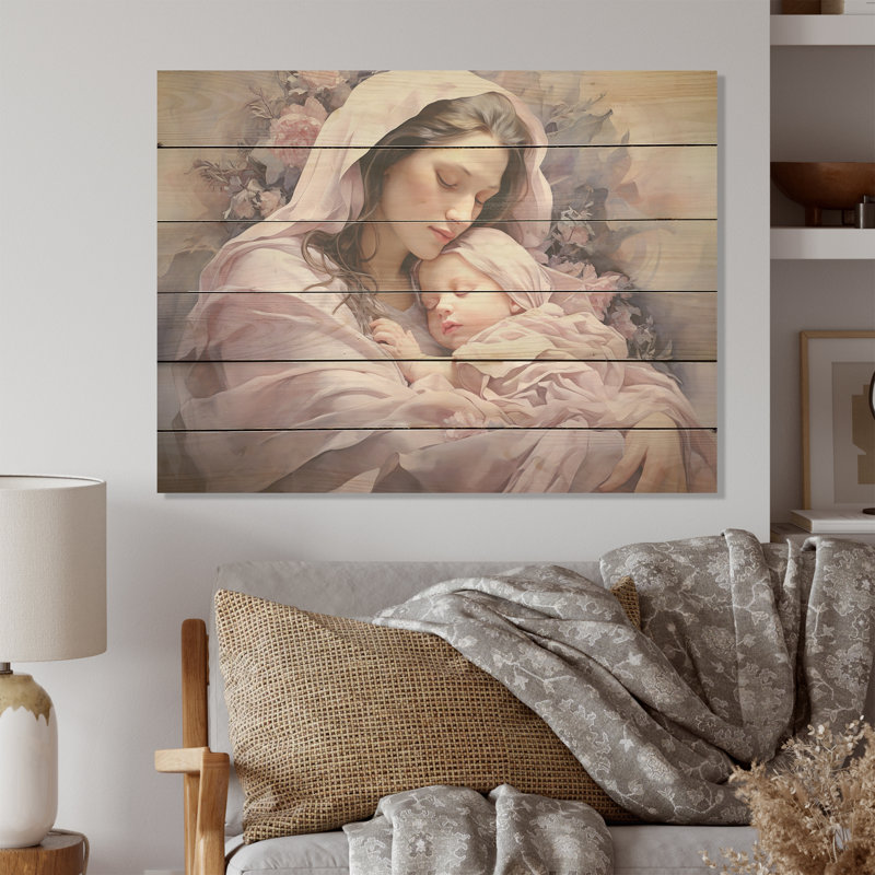 Marys Maternal Mauve Christanism - Christianity Wood Wall Art On Natural Pine Wood, 10" H x 20" W