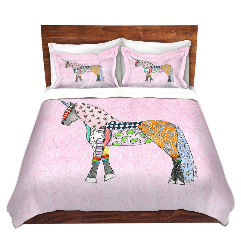 Ensemble de housse de couette à licorne arc-en-ciel, 1 housse simple + 1 taie standard, Rose / Bleu / Brun