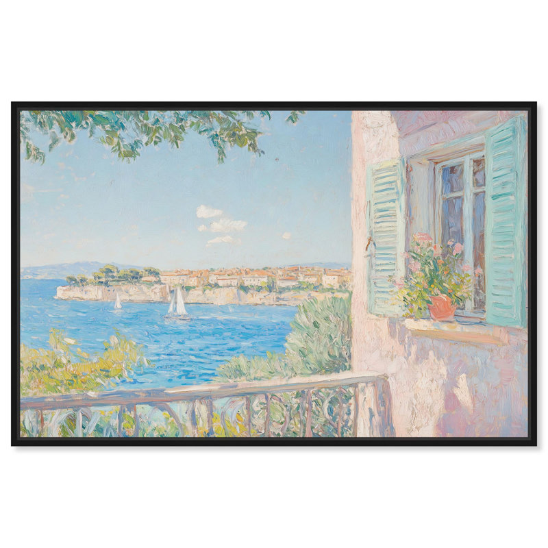 Toile vue méditerranée par Art Remedy, H 25 po x l 37 po, Noir, Cadre flottant