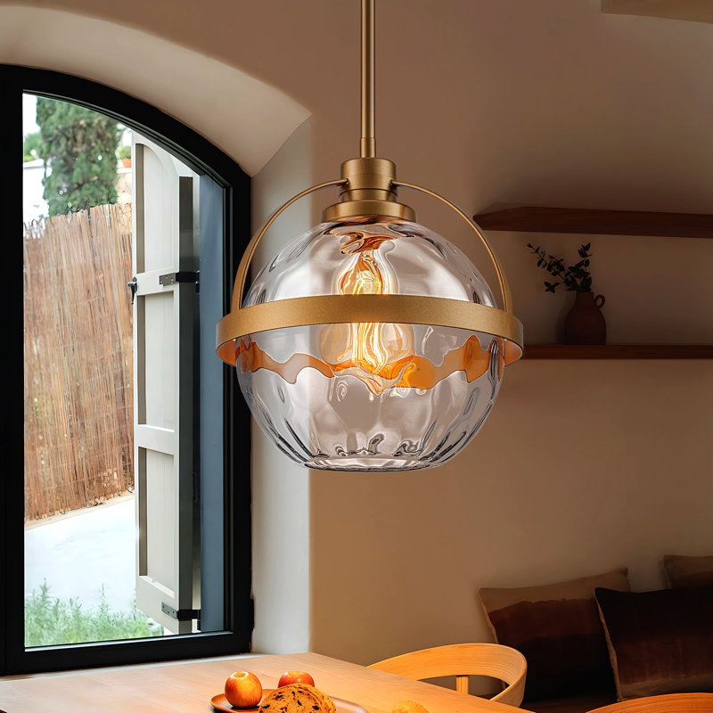 Cindi 1-Light Globe Dimmable Hammered Glass Pendant Light , Gold