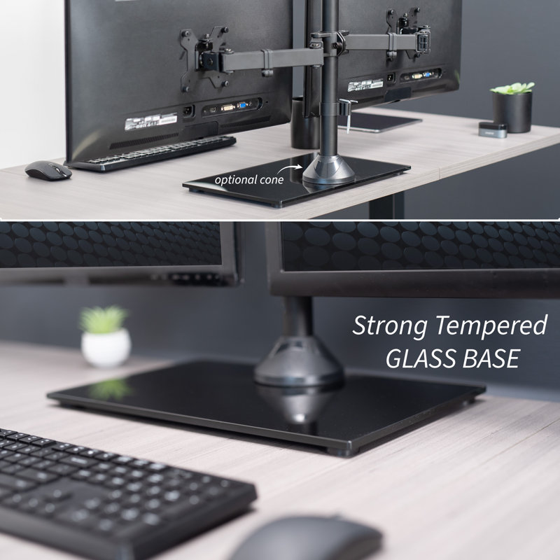 Black Dual Monitor Stand with Tempered Glass Base and Adjustable Arms