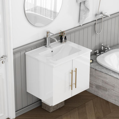 Wall-Mounted Double Door Vanity with Ceramic Basin