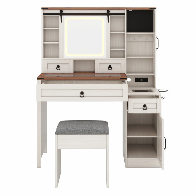 Makeup Vanity Desk with Sliding Mirror & Lights, Farmhouse Glass Top Vanity with Charging Station, 4 Drawers 2 Cabinets Dressing Table Set with Stool