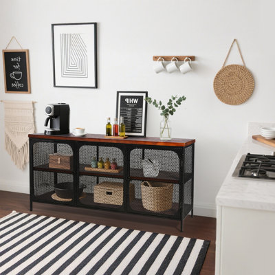 Industrial Style Storage Cabinet Home Kitchen Storage Cabinet Against The Wall Retro Tin Cabinet Living Room Iron Dining Cabinet(Black& Wood Top)