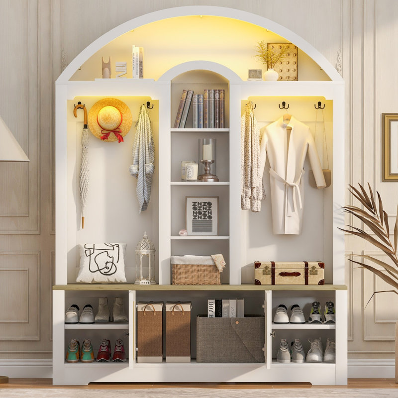 2-Tone Curved Entryway Cabinet With Hooks, White 