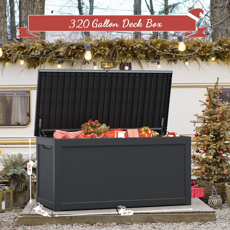 320 Gallon Waterproof Resin Lockable Deck Box For Storing Tools In Your Backyard Garden, Black