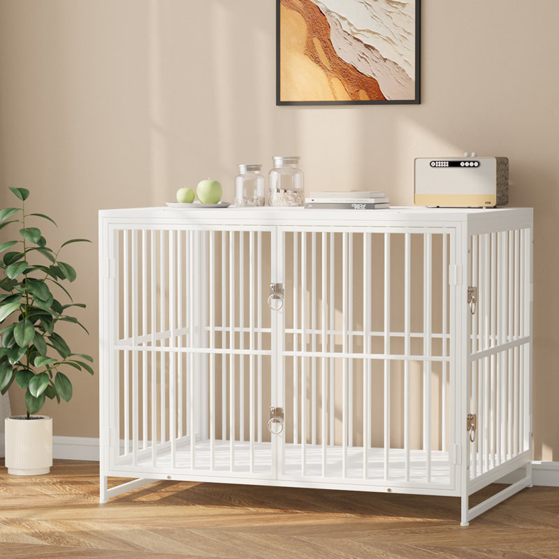White Dog Crate Furniture, Decorative Dog Kennel End Table, Heavy Duty Pet House Indoor, Made in Wood and Metal, Double Door With Double Locks, Three Size for Small Medium Large Dogs