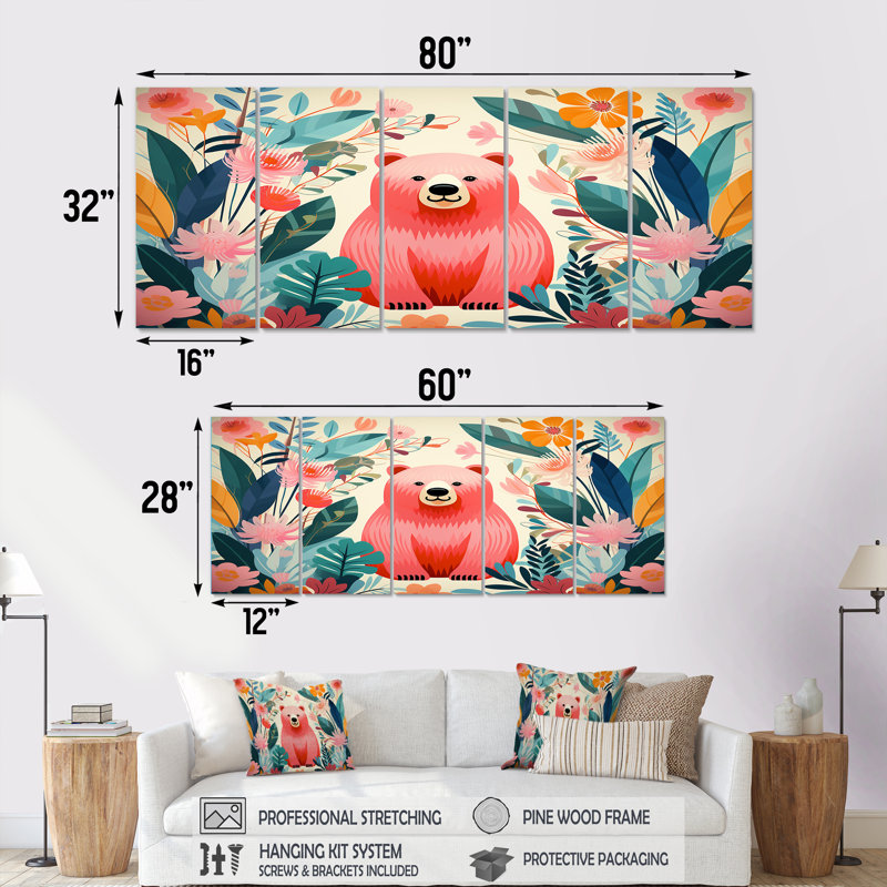 " Pink Tropical Bear Harmony I 5 Piece Art " 5 - Pieces, 28" H x 60" W
