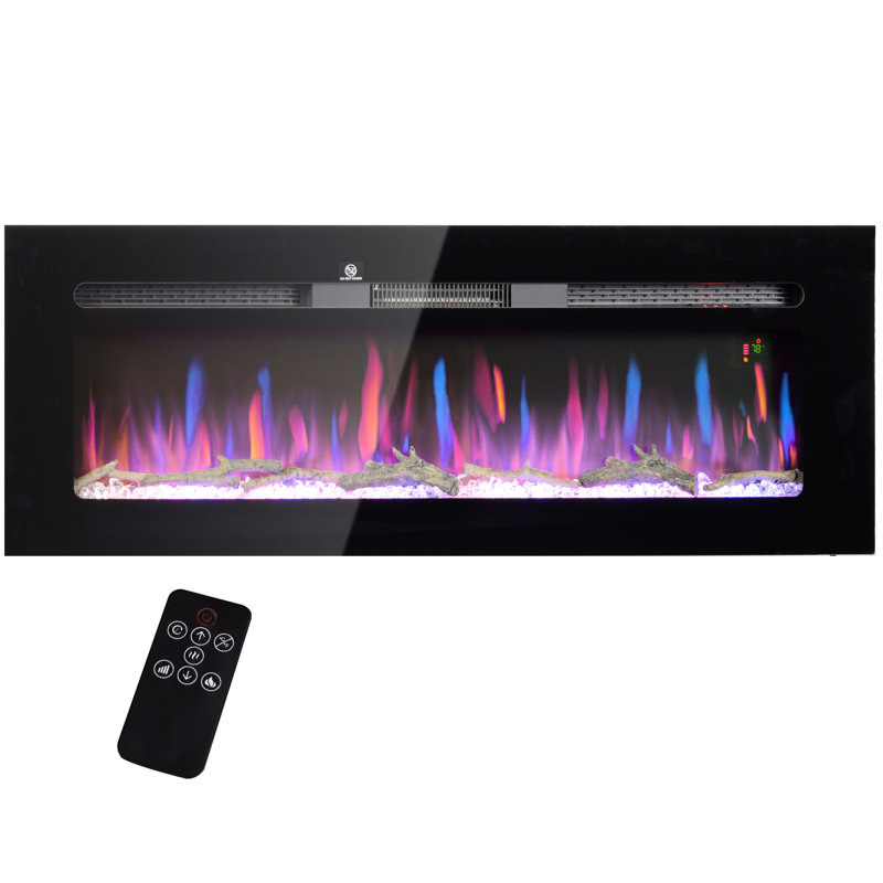 Foyer électrique 1500W, encastré et mural, minuterie 8H, couleur de flamme réglable, bûche et cristal, acier noir, foyer l 50 po, télécommande, chauffage, flamme, H 17,7 po x P 6,2 po