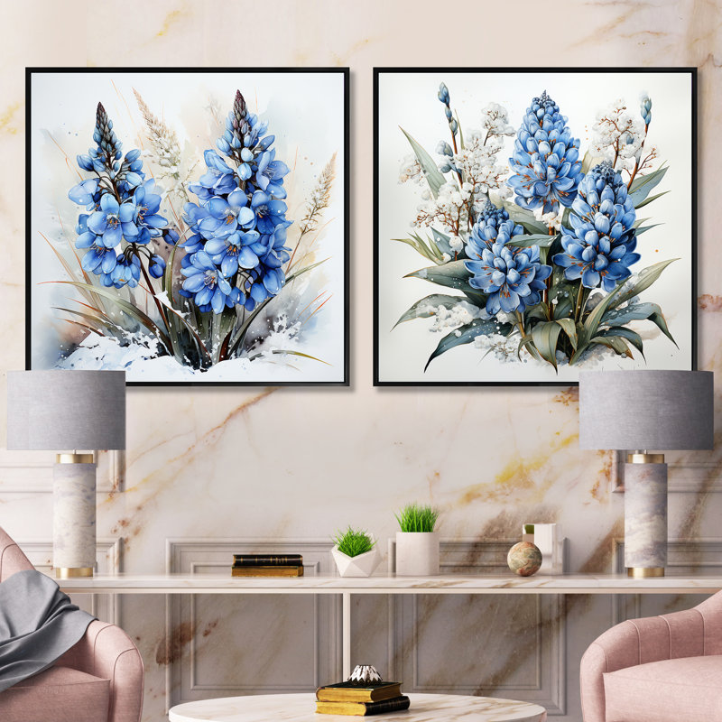 «Blue Bonnets Charm In Winter», ensemble de 2 collages floraux carrés, Cadre flottant noir, H 36 po x l 73 po