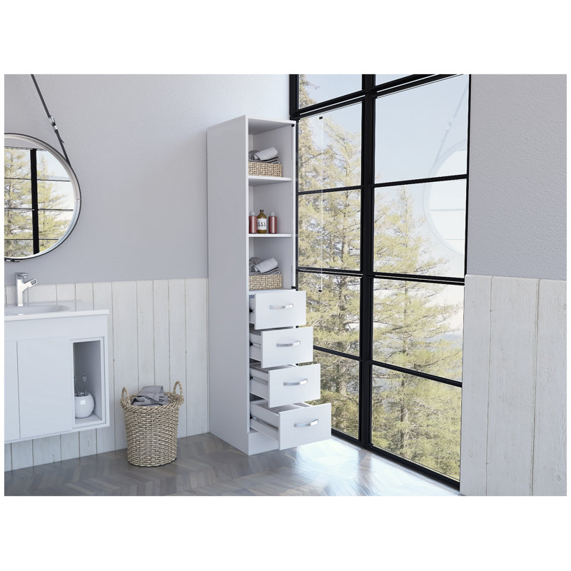 Armoire à linge Preston en blanc avec porte en verre et quatre tiroirs