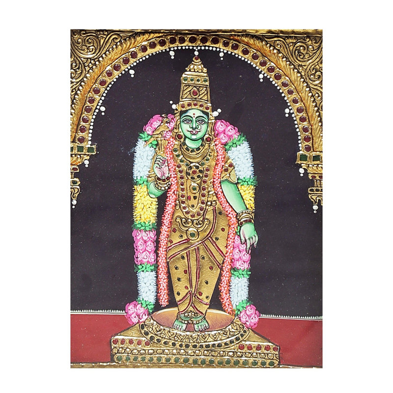 Déesse Meenakshi Tanjore, peinture | Couleurs traditionnelles avec or 24 carats | Structure en bois de teck