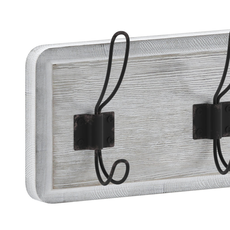 Nariaki Wall Mounted Solid Pine Wood Storage Rack with 5 Hanging Hooks, White Wash