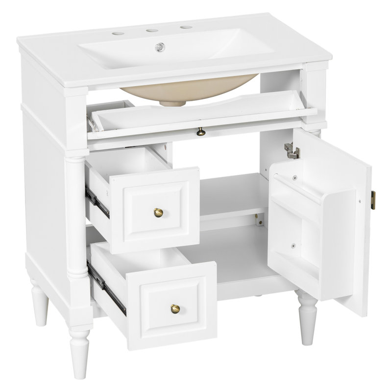 Meuble-lavabo de 30 po avec lavabo, armoire de salle de bain autoportante blanche avec tiroir rabattable et tablette réglable, structure en bois d'hévéa massif, panneaux de fibres à densité moyenne et poignées en métal